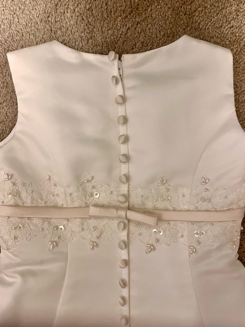 David's Bridal Ivory Satin Girls Formal Dress with Floral Waistband and Bow - Picture 5 of 8
